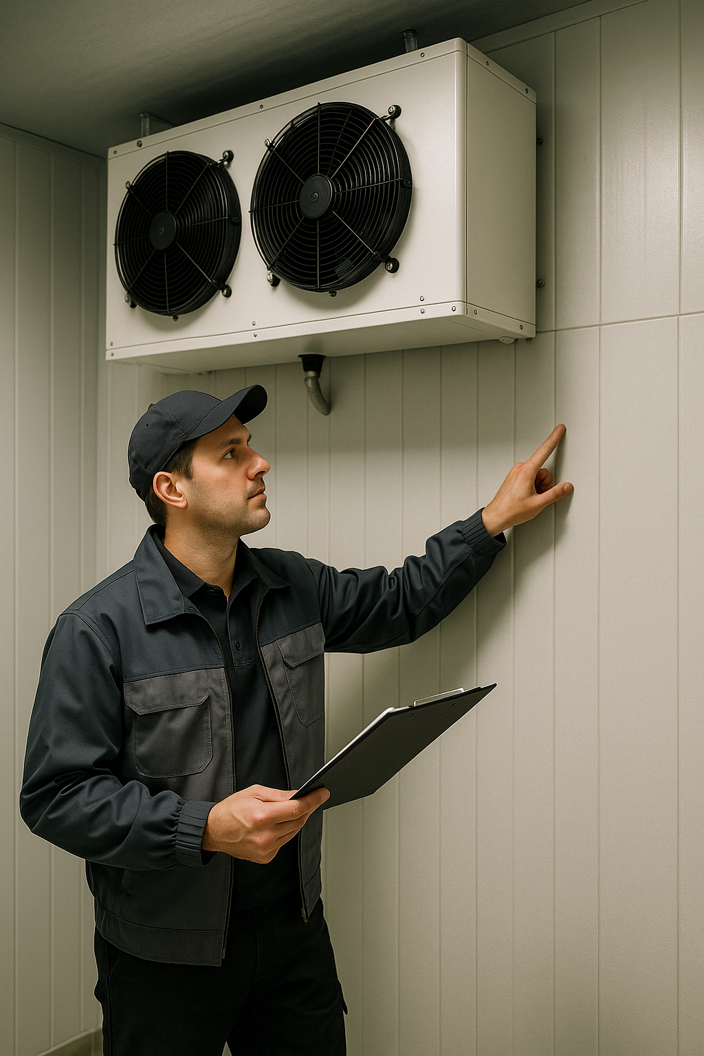 Technician inspecting cold room refrigeration unit and insulation joints