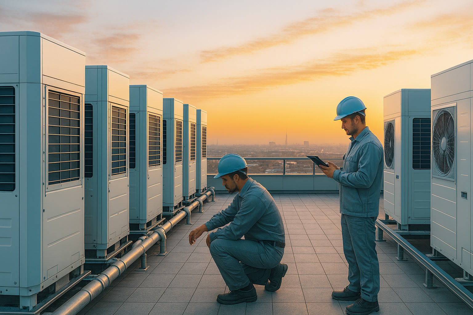 Technician inspecting a rooftop unit with city skyline