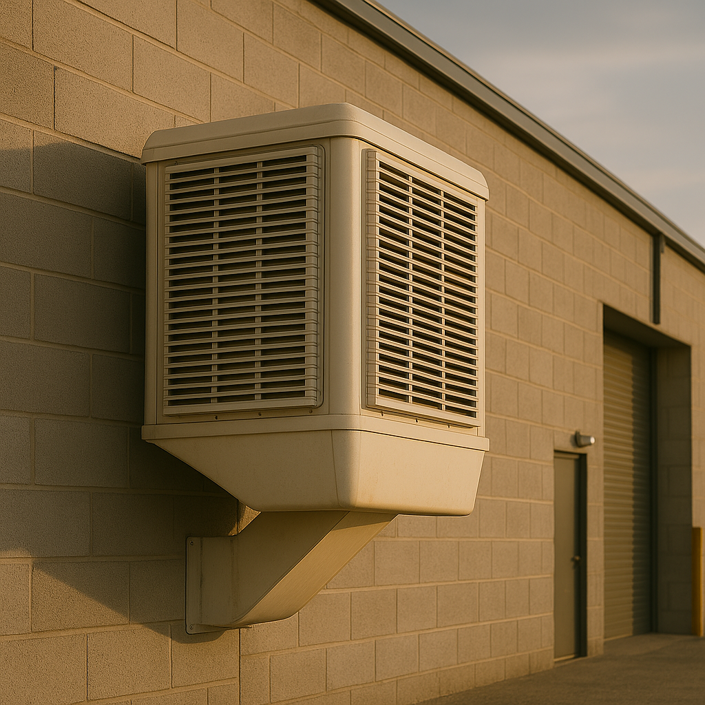 Industrial evaporative air cooler installed in a warehouse