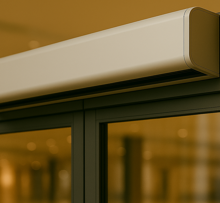 Technician installing an air curtain at a commercial entrance