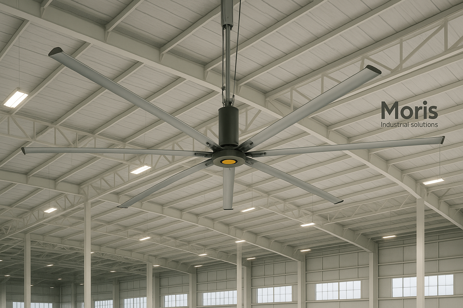 Large HVLS ceiling fan concept improving air circulation in a wide indoor space