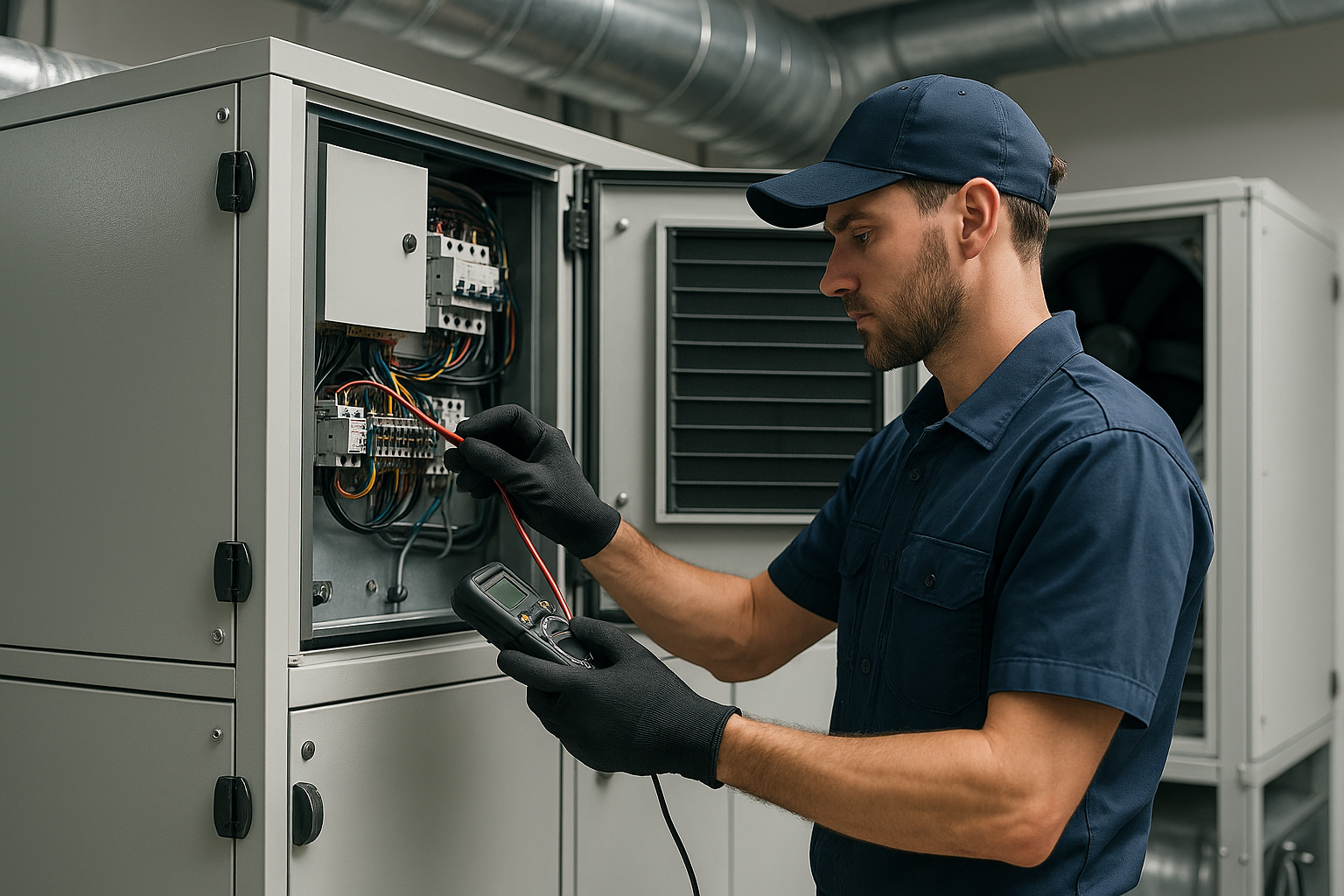 Technicians servicing an AHU in an industrial plant