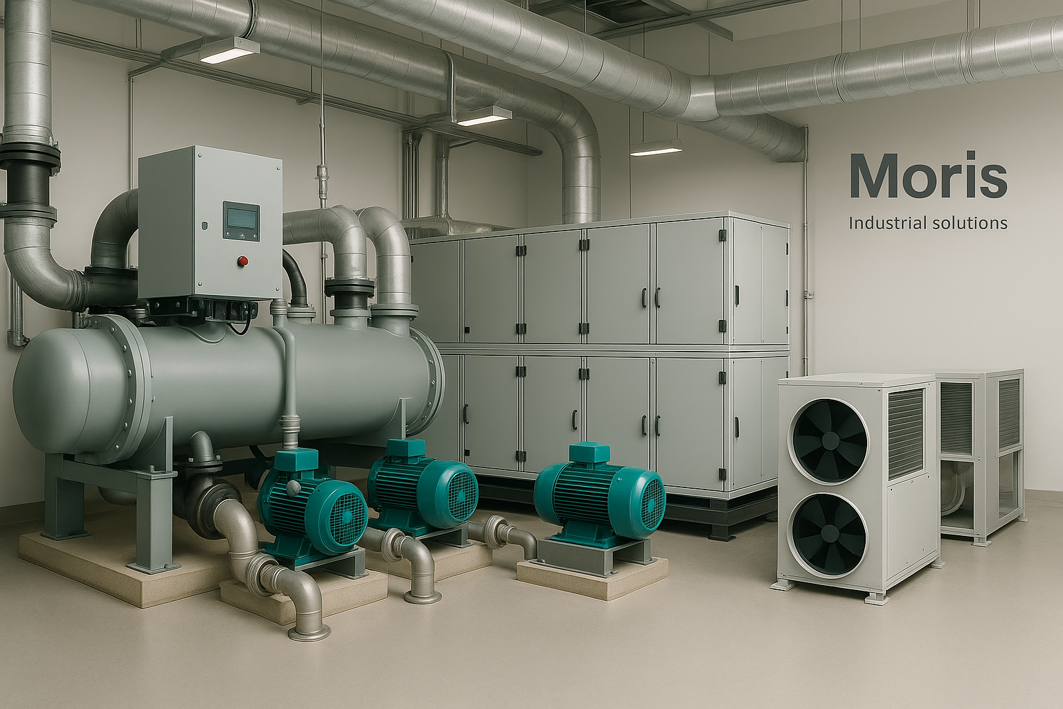 Industrial warehouse with ducting, AHU and rooftop package units