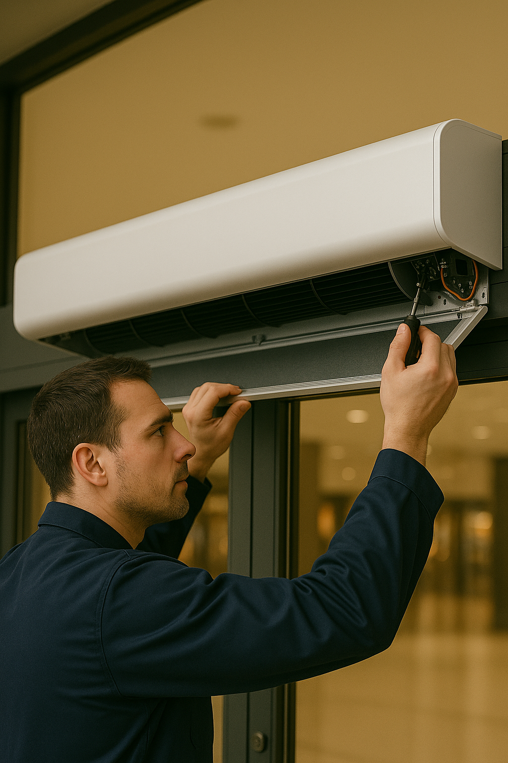 Technicians servicing an air curtain at a commercial facility
