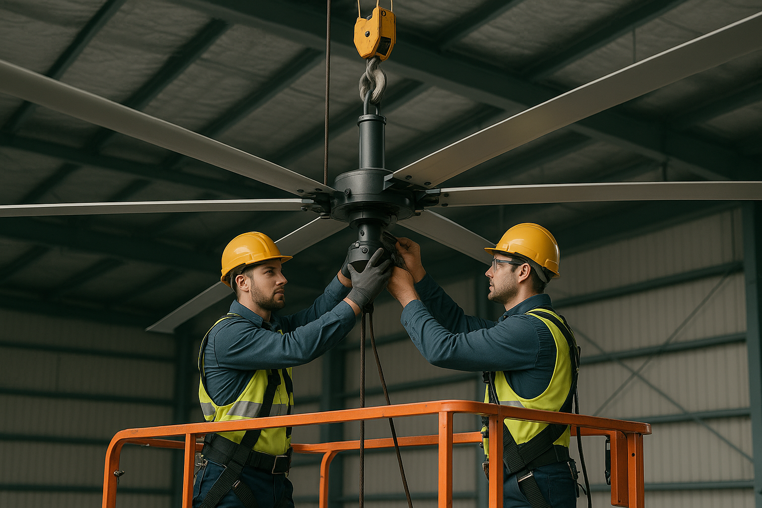 Technician verifying safe mounting and balance of a large ceiling fan